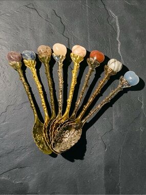 Ornate Decorative Assorted Metal & Heart Stone-Top Dessert Spoons. Hand tooled.